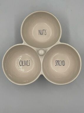 Rae Dunn NUTS OLIVES SPREAD Ceramic Tri-Section Snack Dish with Knob Handle